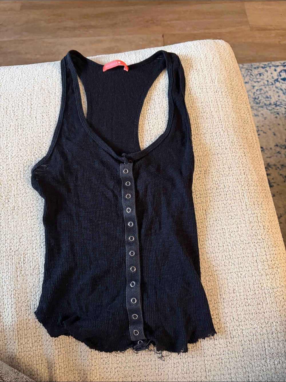 Michele Black Ribbed Snap-Front Racerback Tank